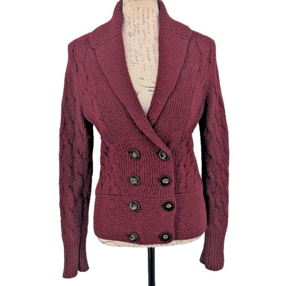 EDDIE BAUR Cable Knit Womens Sweater SIZE XSP Burgundy Heather Double Breasted